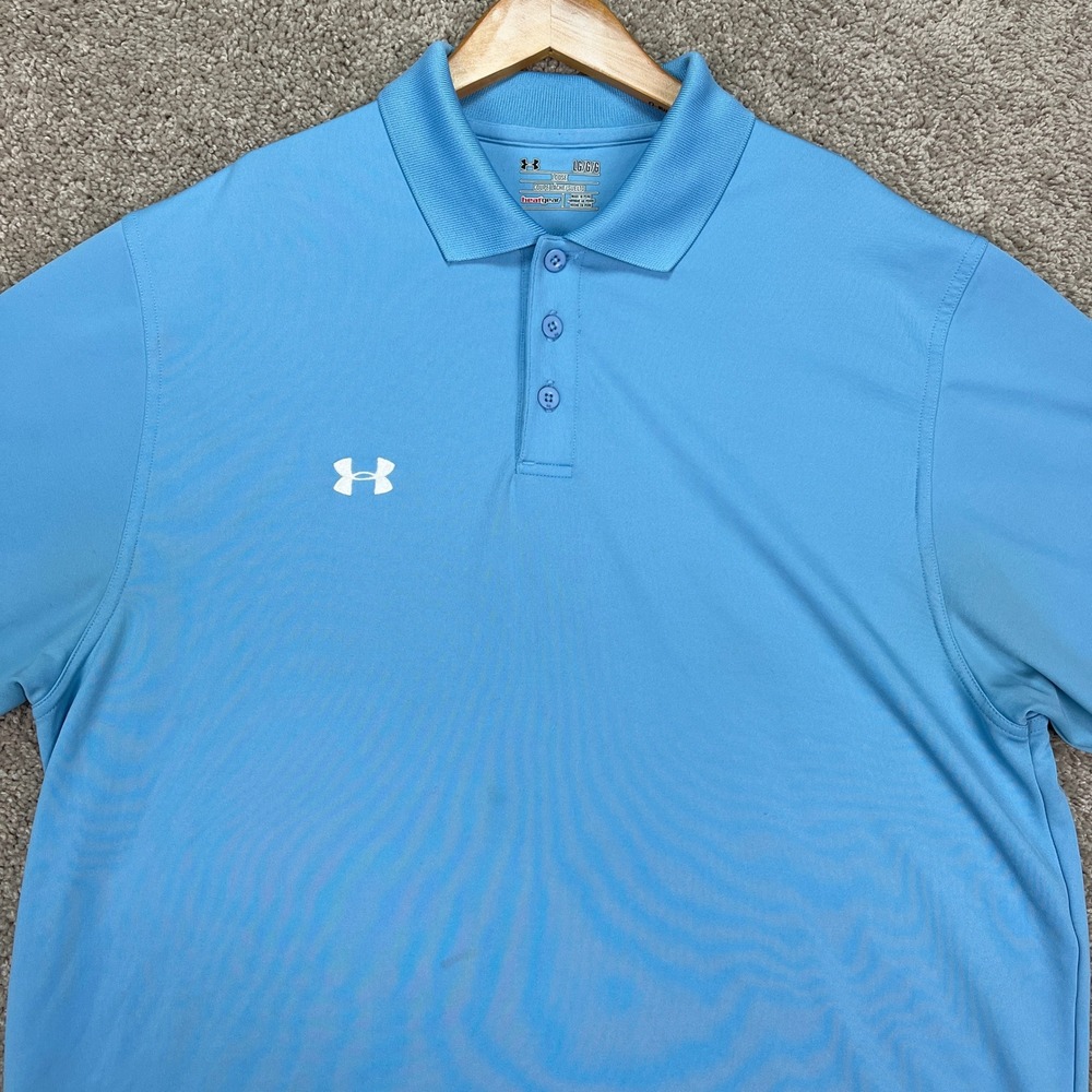 Under Armour Polo Shirt Mens Large Light Blue Short Sleeve HeatGear Loose STAIN
